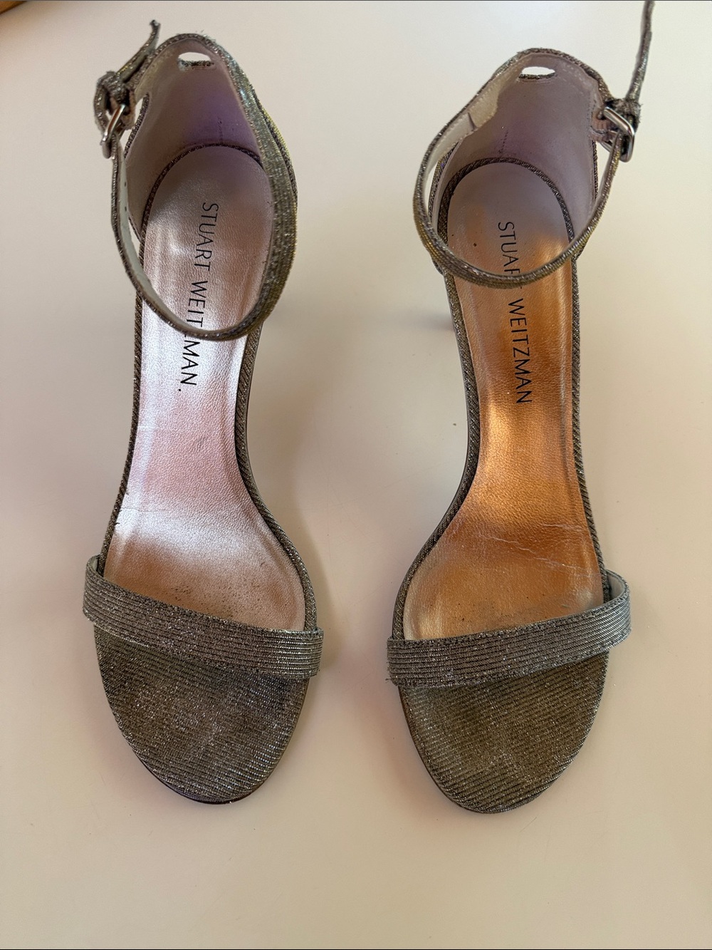Stuart Weitzman Glittery Pewter Ankle-Strap Heels